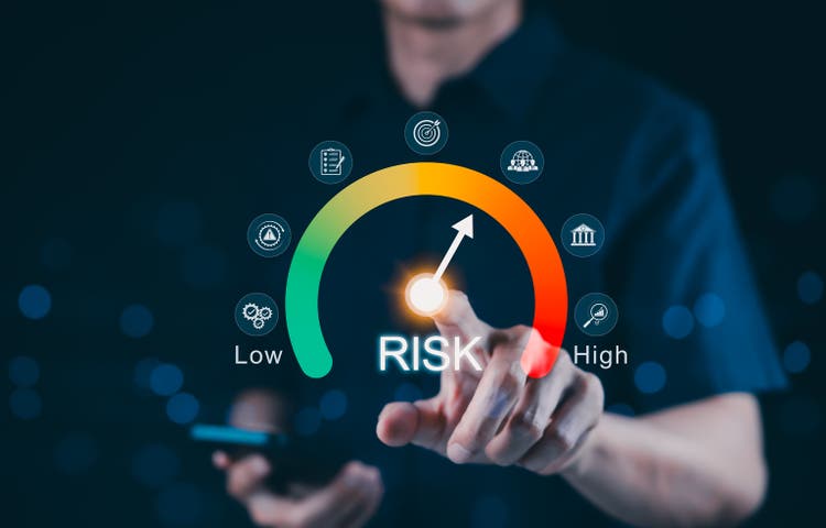 Risk assessment and management performance indicator gauge. Risk level gauge from low to high, performance evaluation, analysis, strategic planning, and decision-making process for business continuity