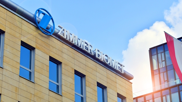 Urban landscape. Company signboard Zimmer Biomet.