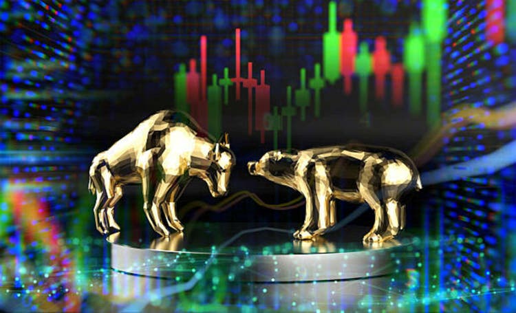 Bull and bear economy concept with bull and bear on stock market chart background