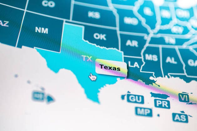 Texas state on a US map