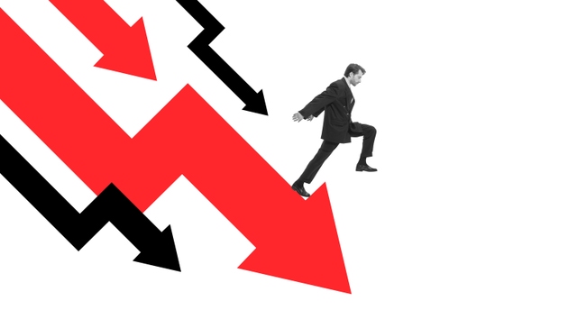 Contemporary art collage. Businessman leaps across sharp falling arrows showing desperation to escape market collapse.
