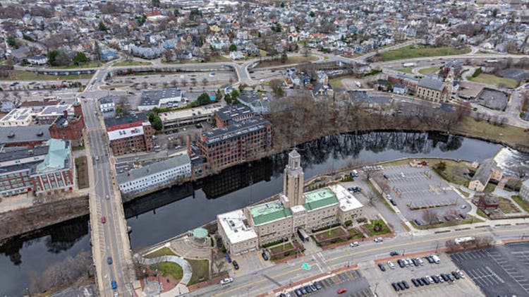 Aerial view of downtown Pawtucket and the surrounding area.