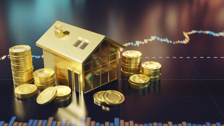 Golden House with Stacks of Coins Representing Wealth and Investment