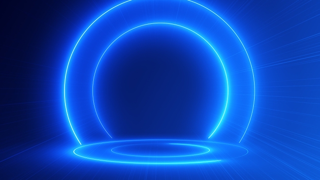 Blue podium with a bright glowing blinking neon circle. Futuristic showcase with platform for product displaying. Empty stage with electric light. Geometric shapes composition. 3d animation loop 4K - 4K Stok video
