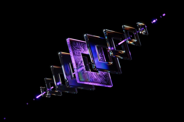 Abstract Geometric Glass Elements on a Black Background with Purple Reflections. Digital art