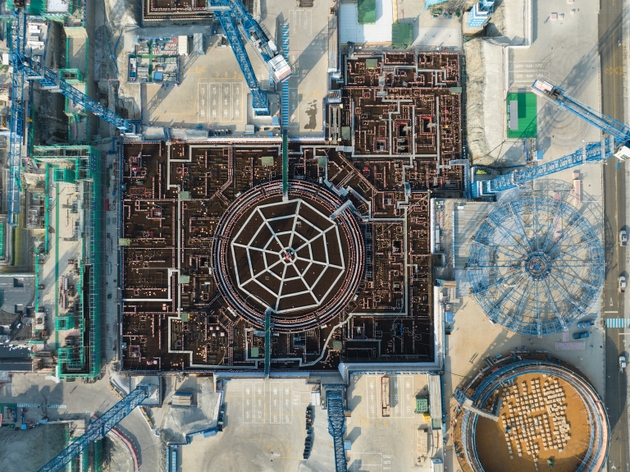 High angle view of the construction site of a nuclear power plant reactor