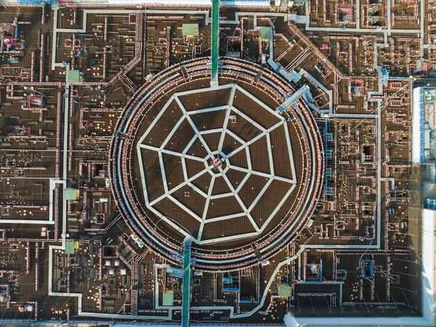 High angle view of nuclear power plant reactor construction