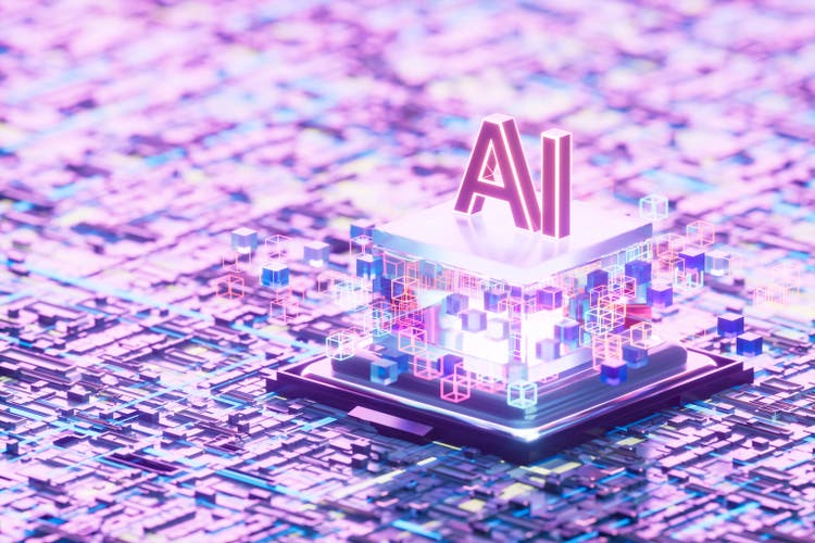 Artificial Intelligence CPU on Motherboard with Illuminated Data Cubes, AI Technology Concept