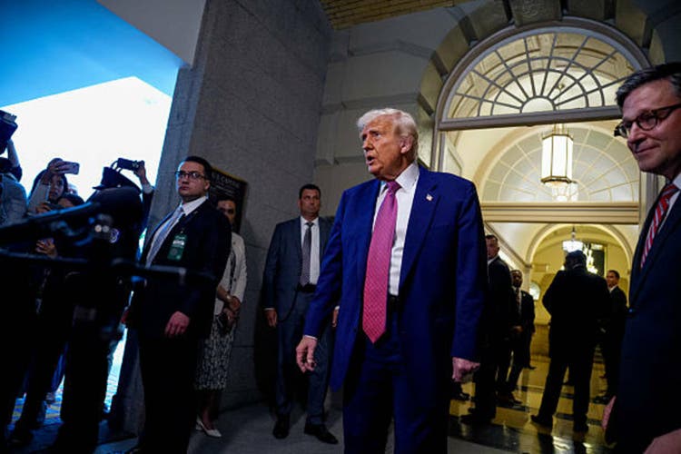 President Trump Attends GOP House Caucus Meeting On Capitol Hill As Budget Bill Faces Resistance