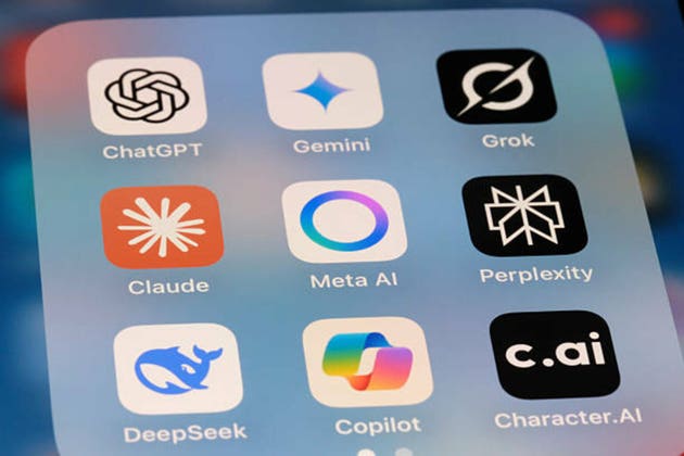 Meta AI, Claude, ChatGPT, Gemini, Grok, Perplexity, DeepSeek, Copilot and Character.AI. Assorted AI app icons