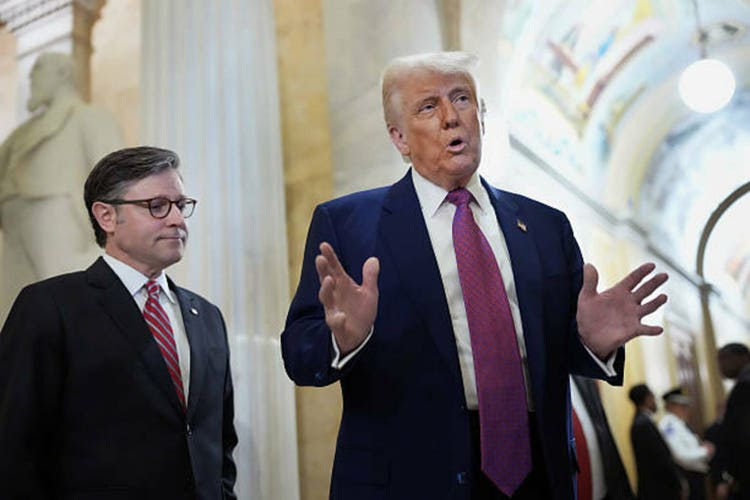 President Trump Attends GOP House Caucus Meeting On Capitol Hill As Budget Bill Faces Resistance