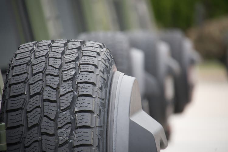 Close-Up of Textured Car Tires Aligned in Outdoor Setting