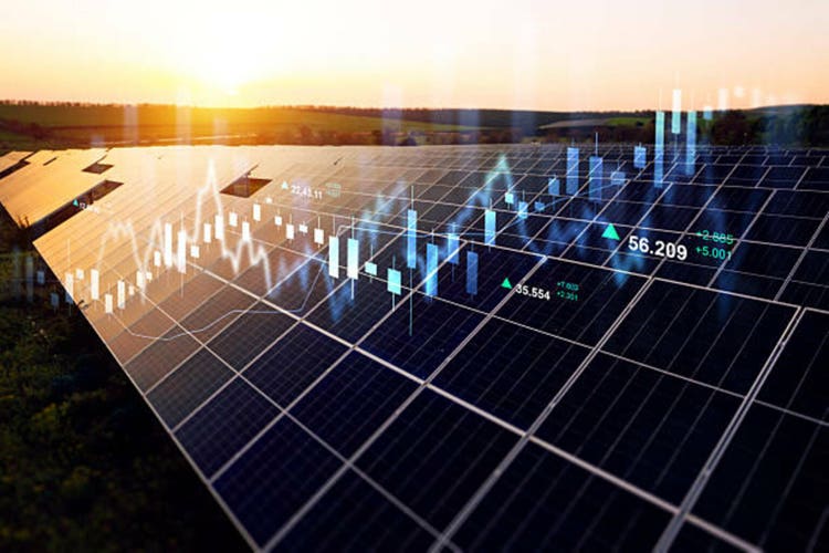 Increase or rising in electricity prices on the world market. Photovoltaic power station with double exposure of digital financial chart graphs and stock market.Green energy in full development.