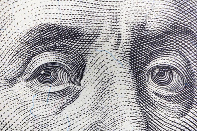 Portrait of Benjamin Franklin on 100 dollar banknote