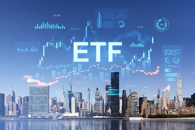 ETF financial data overlay on New York City skyline with stocks and crypto charts.