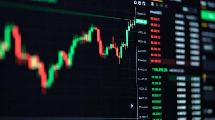 Bitcoin price evolution in trading. Crypto trading on screen.