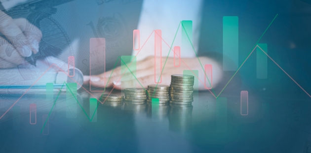 Volatile global economy with fluctuating stock market graph and stacked coins illustration