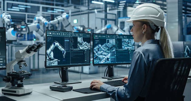Female Technician Working in a Modern Product Development Factory, Using Industrial Computer Software on Display, Monitoring Electronics Production Line with Robotic Arms. Over the Shoulder Shot