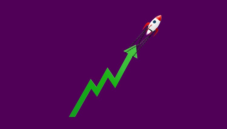 Green Growth Graph Chained to Rocket Lifting Upward Symbolizing Boosted Financial Growth and Economic Acceleration