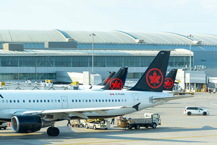 Air Canada planes parked at Toronto’s Pearson International Airport in Mississauga, ON, Canada.