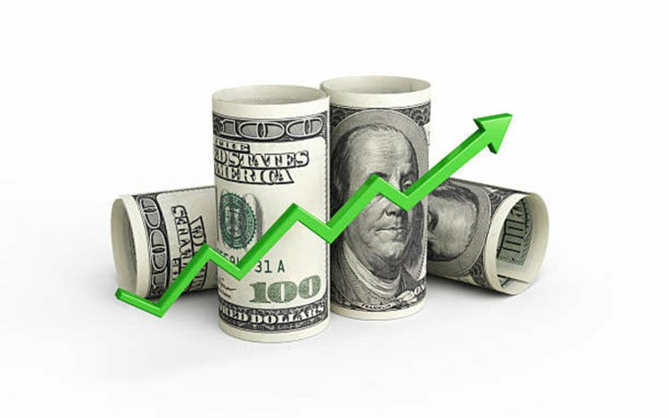 $100 Growth Rolling Banknote, Green Arrow, Object + Shadow Clipping Path