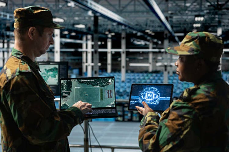 Team of army experts analyzing missiles flight paths with deep learning