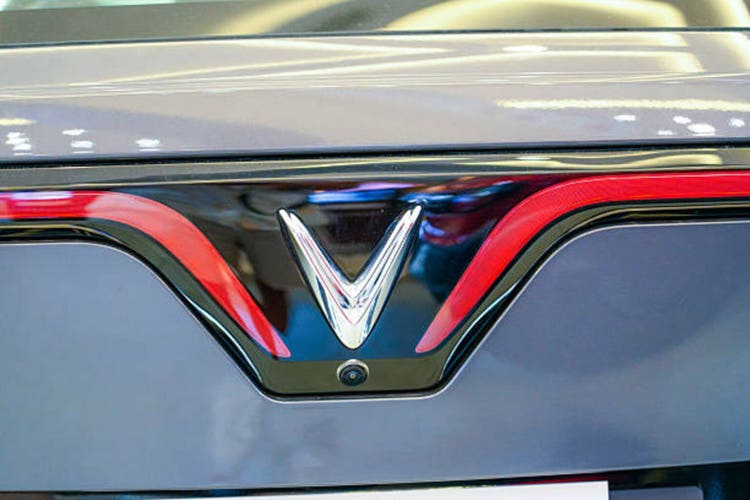 Vinfast electric VF7 logo grey. Vietnam, Nha Trang, 20 November 2024