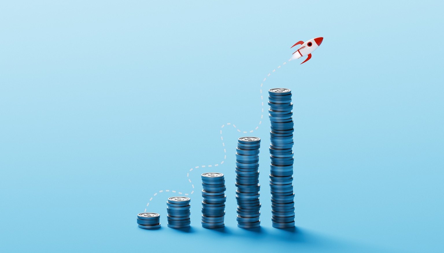 Launch from Growth – Rocket Lifting Off from Rising Coin Stacks Tracing a Path of Financial Momentum