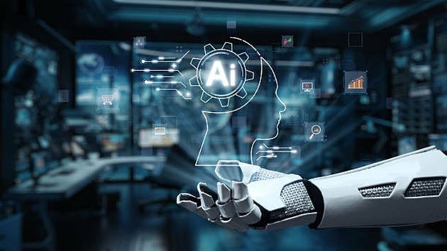 Futuristic Concept of Artificial Intelligence with Robotic Hand Presenting AI Icon and Digital Interface Elements in Modern Technology Environment. Auvana