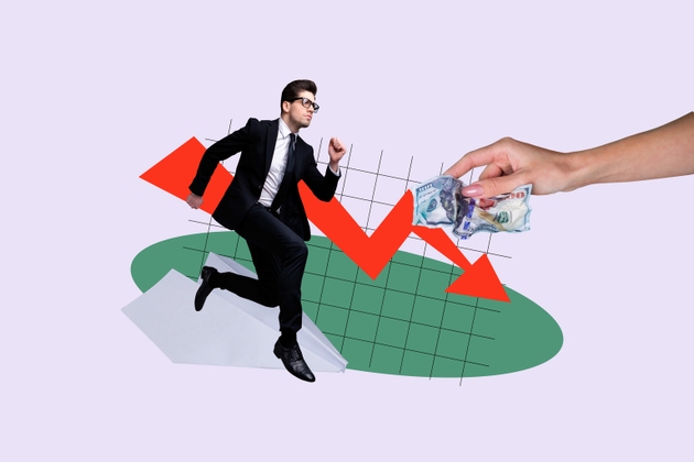 Creative collage picture young businessman entrepreneur run recession money finance inflation banknote cash checkered background