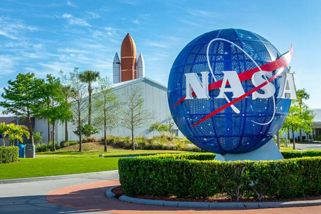 Nasa logo at the Kennedy Space Center Visitor Complex entrance in Merrit island, Cape Canaveral, Florida