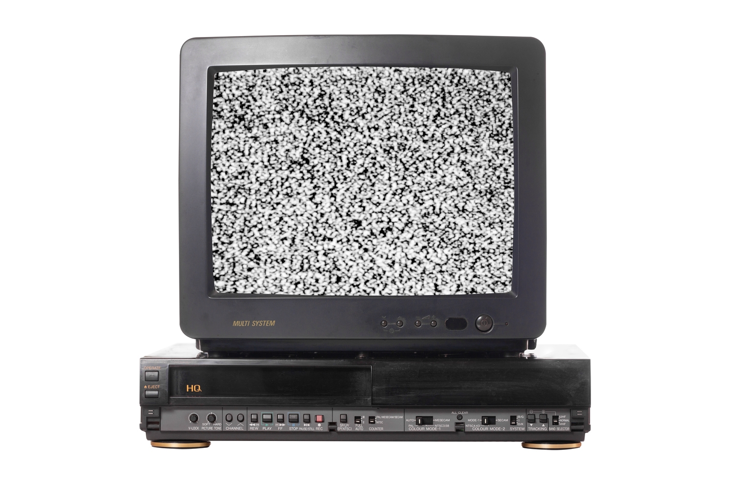 Old vintage TV set televisor isolated on white background with no signal television grainy noise effect on the screen and video recorder
