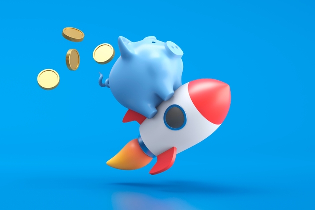 Piggy Bank Riding Rocket with Coins