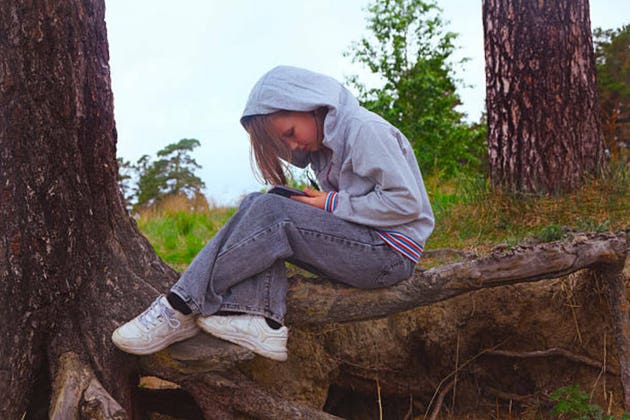 Portrait of teenage girl looking at her smartphone, sad, anxious, alone. Teenager girl in gray hoodie. Outdoors, countryside. Cyberbullying
