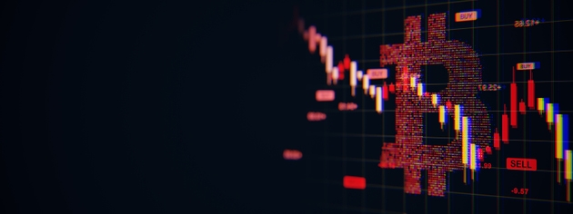 Bitcoin crash concept with red candlestick chart and digital BTC icon on dark grid background showing financial crisis and market downturn symbolically. 3D Rendering