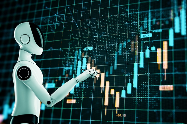 Futuristic robot assistant analyzing digital financial charts on a glowing screen with virtual forex data and trading signals in modern fintech concept. 3D Rendering