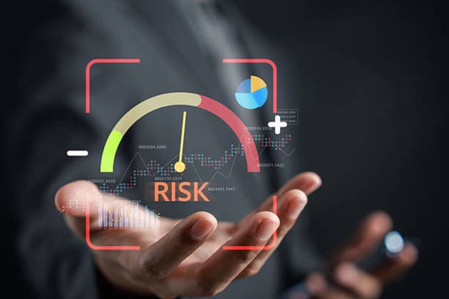 Risk management concept in investing risk level indicator, financial data charts, and analytics dashboard. Ideal for finance, trading strategy, investment decision, and market analysis.