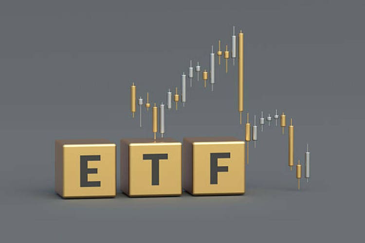 ETF word on cubes near stock market graph. Exchange-traded fund. Investment concept. Analysis chart. 3d render