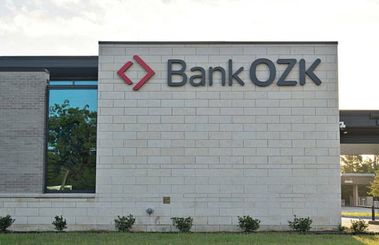 Bank OZK storefront exterior location in Houston, TX USA.