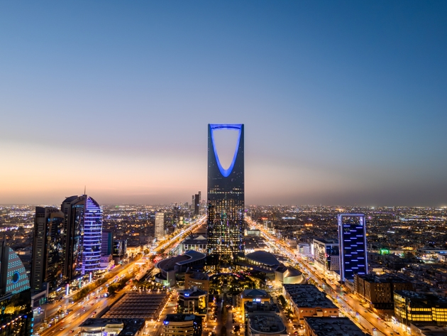 Aerial Drone Photo Taken at Dusk Over the Cityscape of Riyadh, Saudi Arabia