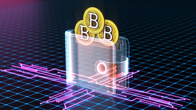 Digital cryptocurrency wallet displaying virtual coins with neon lines on a dark background