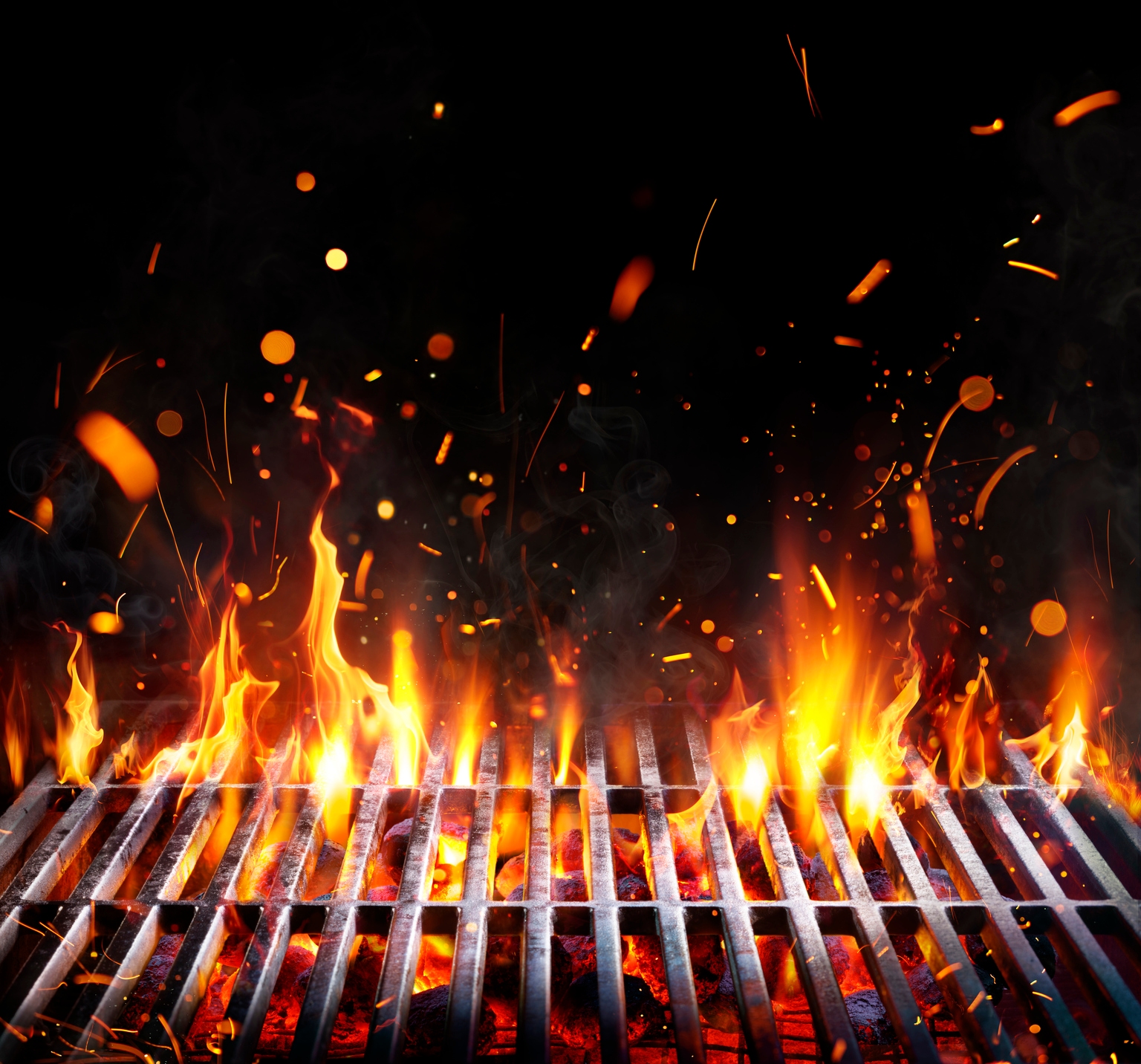Barbecue Grill - Embers With Flames And Abstract Sparks - Fire On Charcoal In Black Background