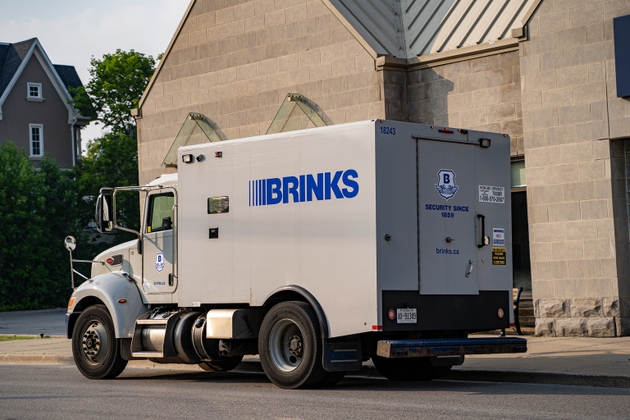 Close up of Brinks armored bank money truck exterior.