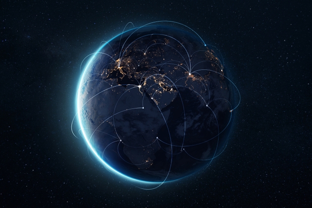 Digital connections around the world planet Earth at night with glowing network lines representing global communication, data transfer, and worldwide internet connectivity in space.