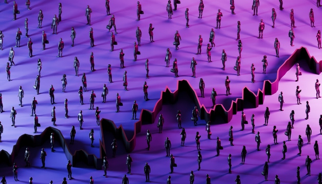 Futuristic Crowd of Silhouetted Business Figures with Dynamic 3D Growth Graph in Purple and Blue Light