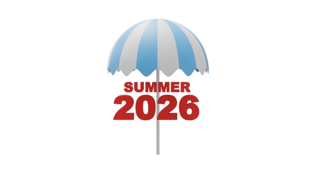 Striped white and blue beach umbrella and text summer 2026 year red on white background for templates and layouts on the theme of summer, beach season