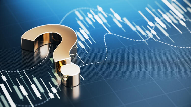 Gold Question Mark Over Financial Bar Graph Background