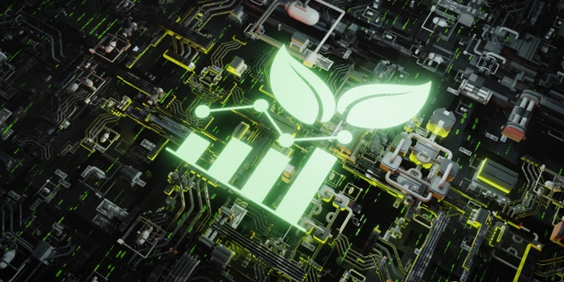 Glowing Green Leaf and Data Graph Icon on a Futuristic 3D Tech Circuit
