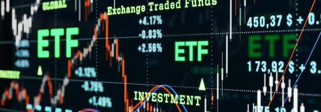 ETF - Exchange-traded fund, investment, close up screen.