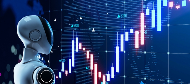 Futuristic robot analyzing digital financial chart with stock index data and currency market trends on high-tech glowing display screen background. 3D Rendering